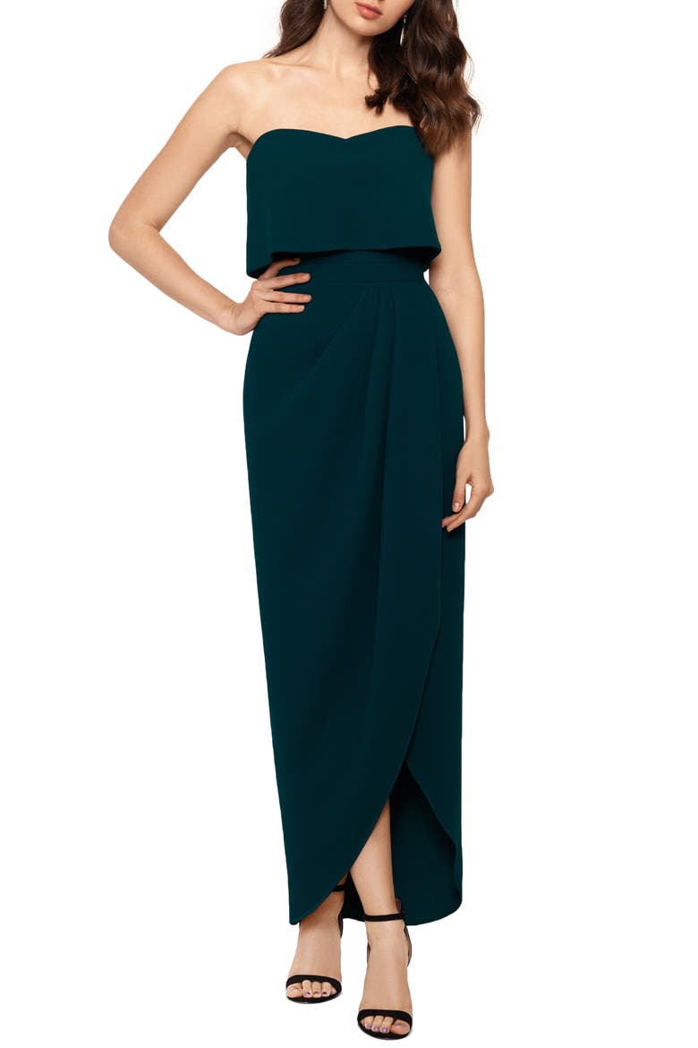Xscape Strapless Popover Scuba Crepe Gown, Main, color, EMERALD