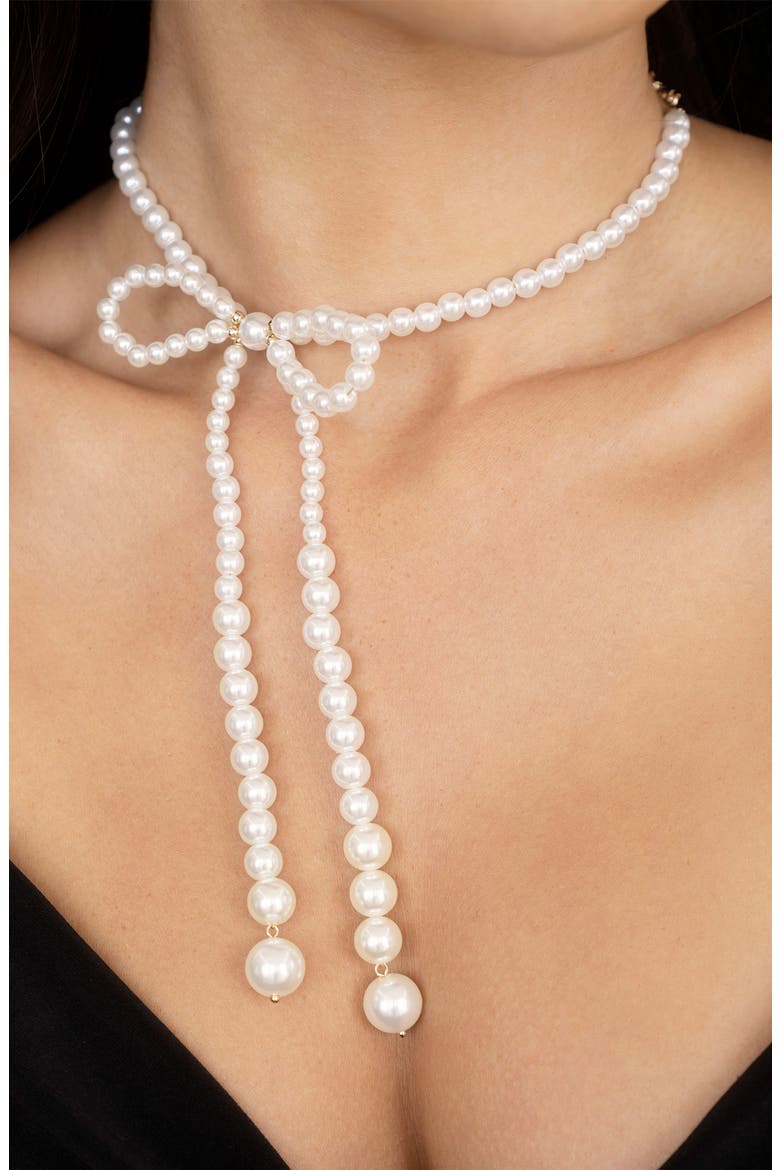 Faux Pearl Bow Choker Necklace, Alternate, color, GOLD
