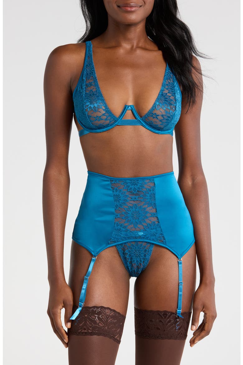 Sun Kissed Underwire Bra, G-String & Garter Belt Set, Main, color, BLUE