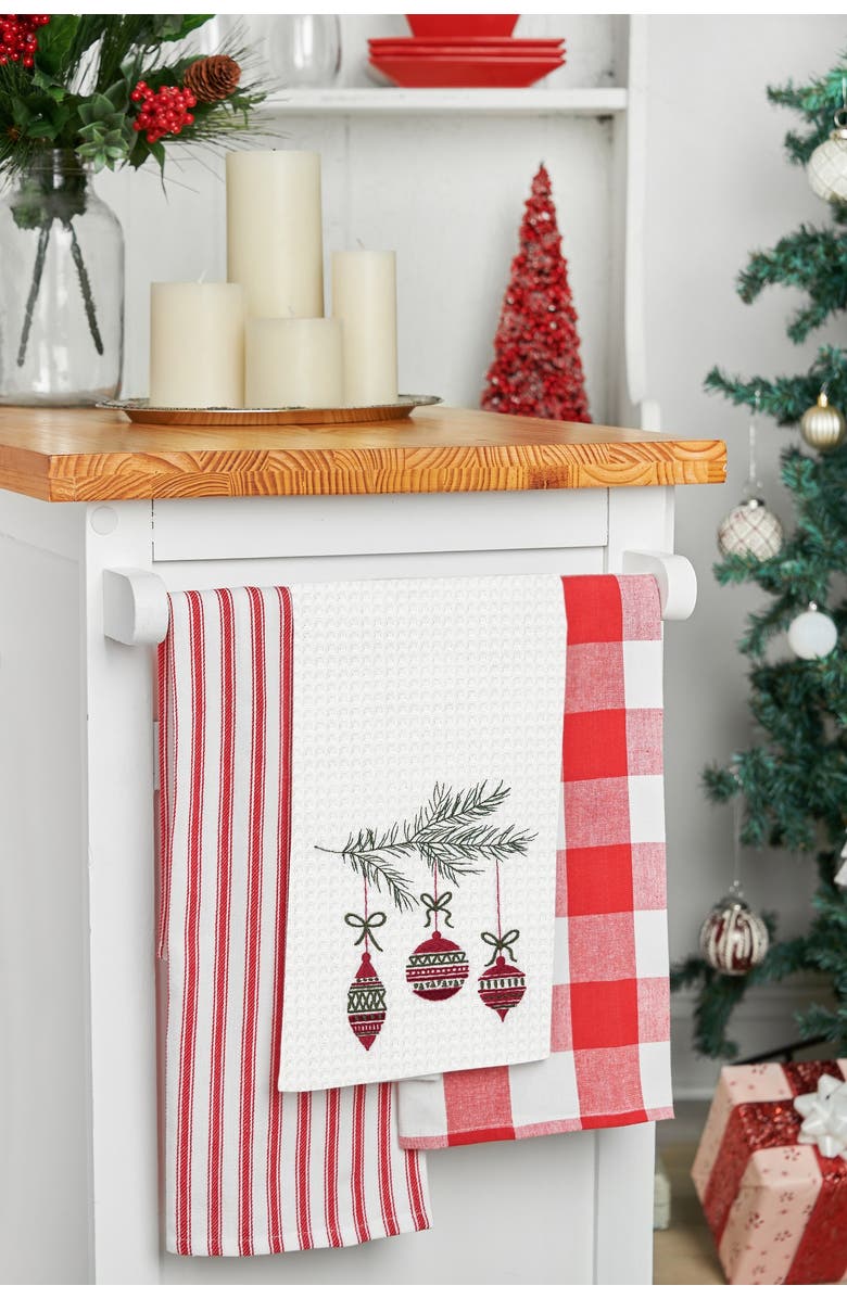 C&F Home Hanging Christmas Ornaments Embroidered 100% Cotton Waffle Weave Dishtowel, Alternate, color, Red