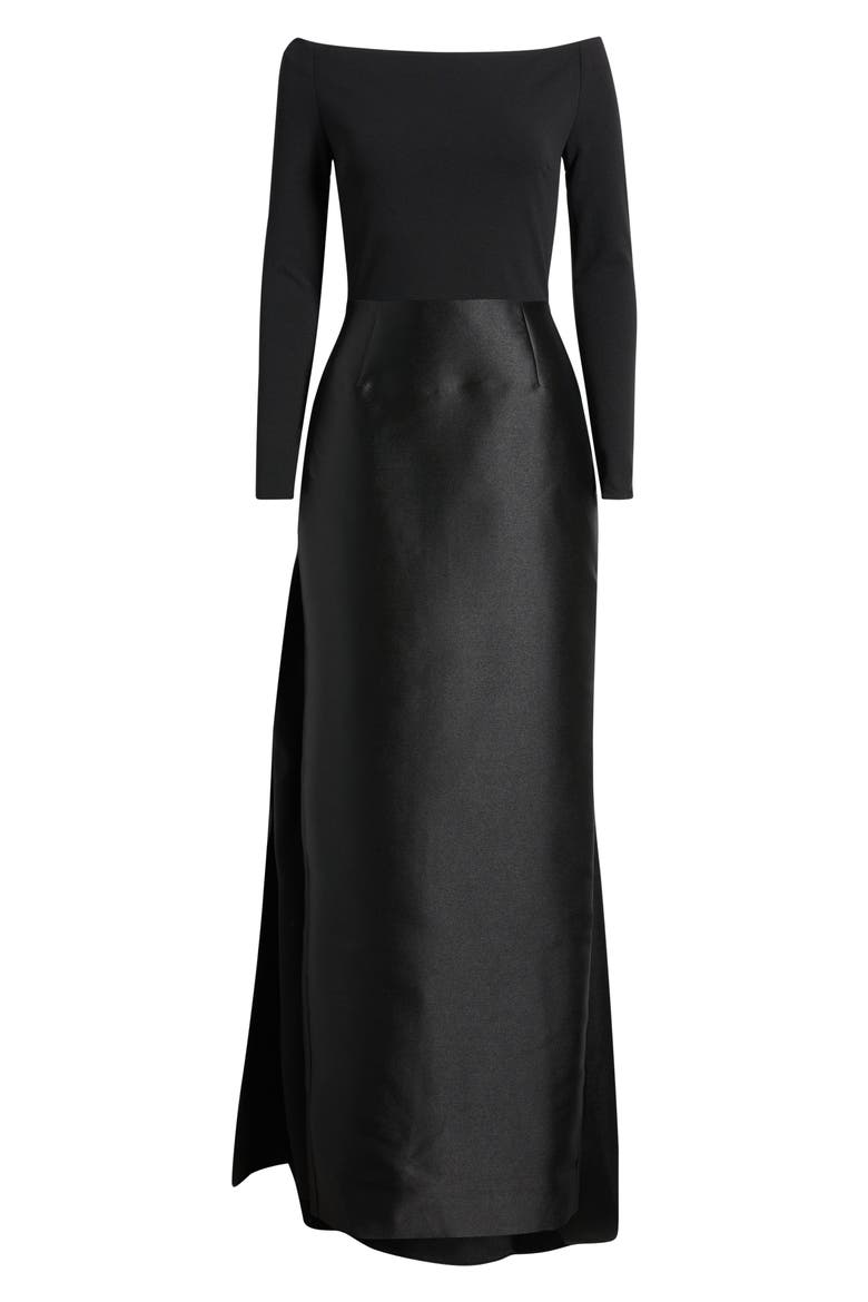 Winslow Off the Shoulder Long Sleeve Crepe & Satin Gown, Alternate, color, BLACK