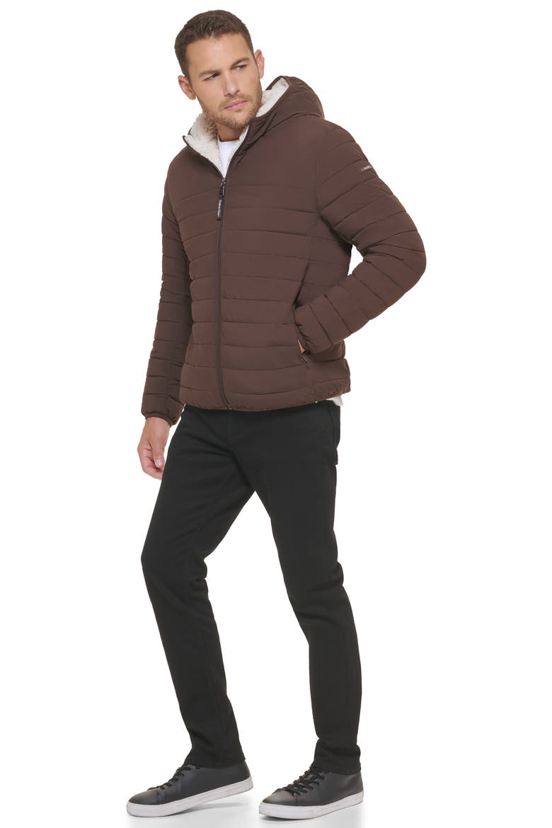 Faux Shearling Lined Hooded Puffer Jacket, Alternate, color, BROWN