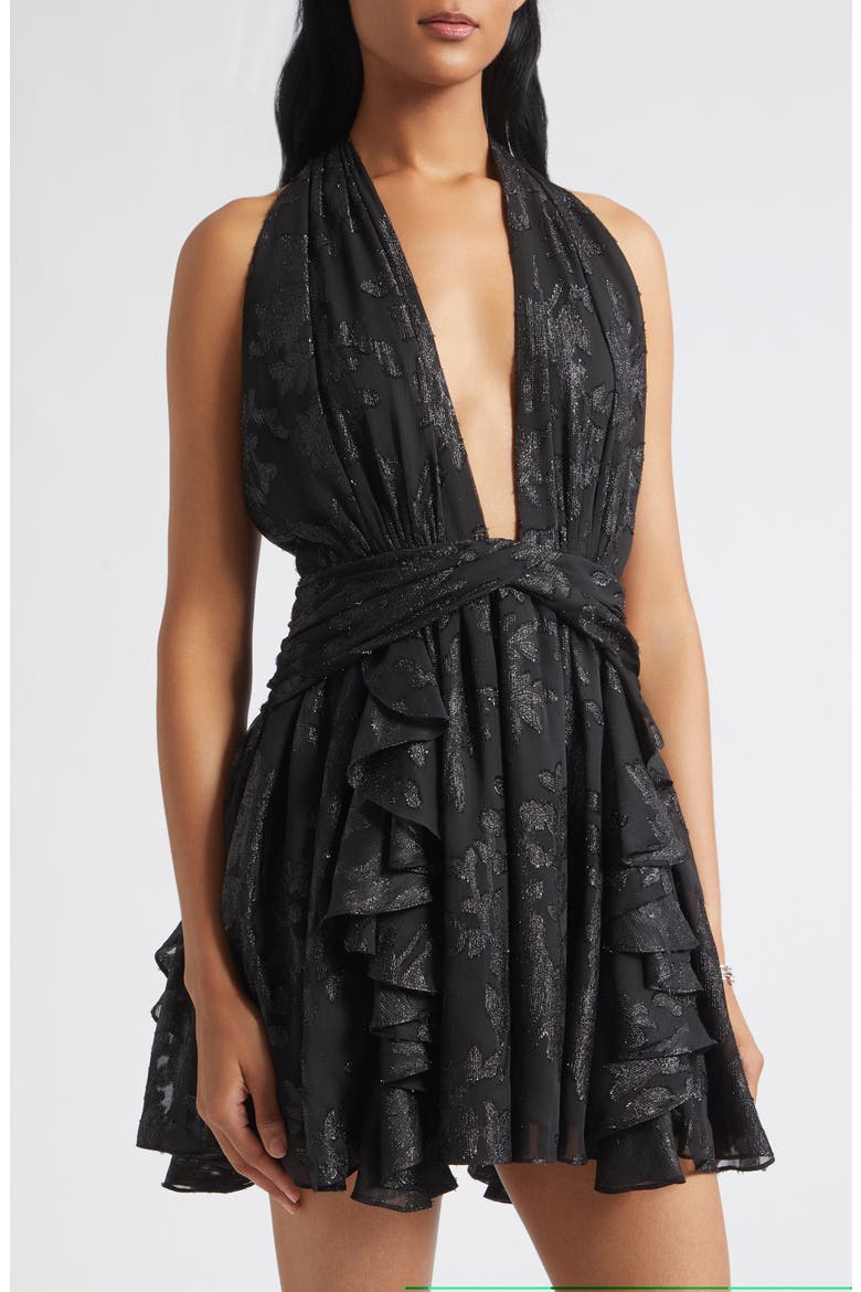 Olivia Metallic Jacquard Ruffle Minidress, Alternate, color, BLACK JACQUARD