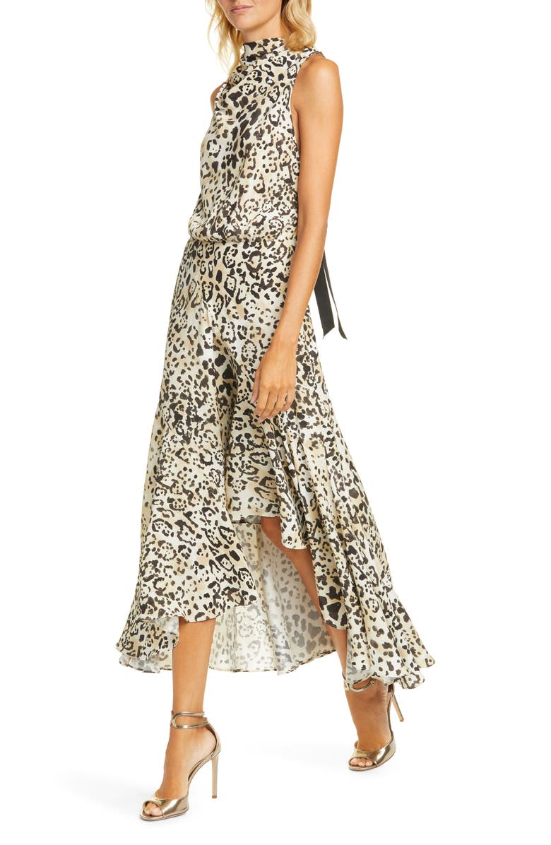 La Ligne Animal Print Bow Back Handkerchief Hem Silk Dress, Alternate, color, 