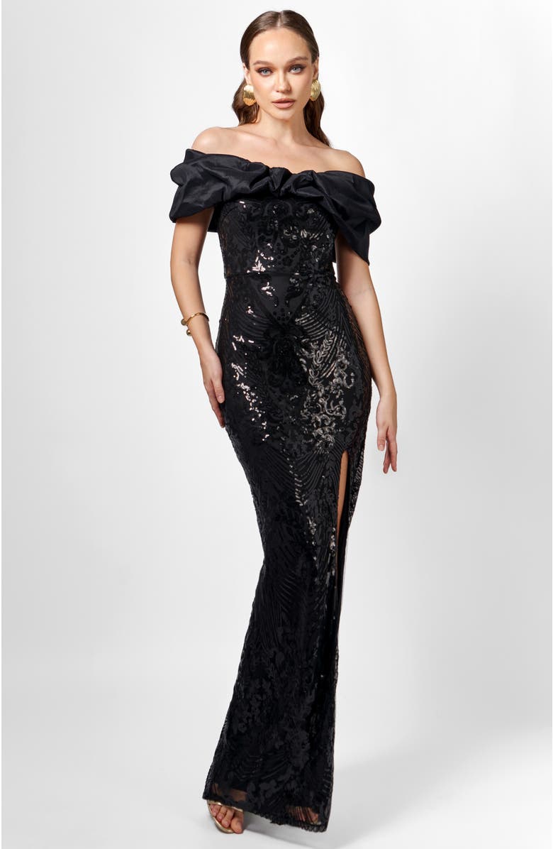 Bariano Jaylan Off Shoulder Gown, Alternate, color, Black