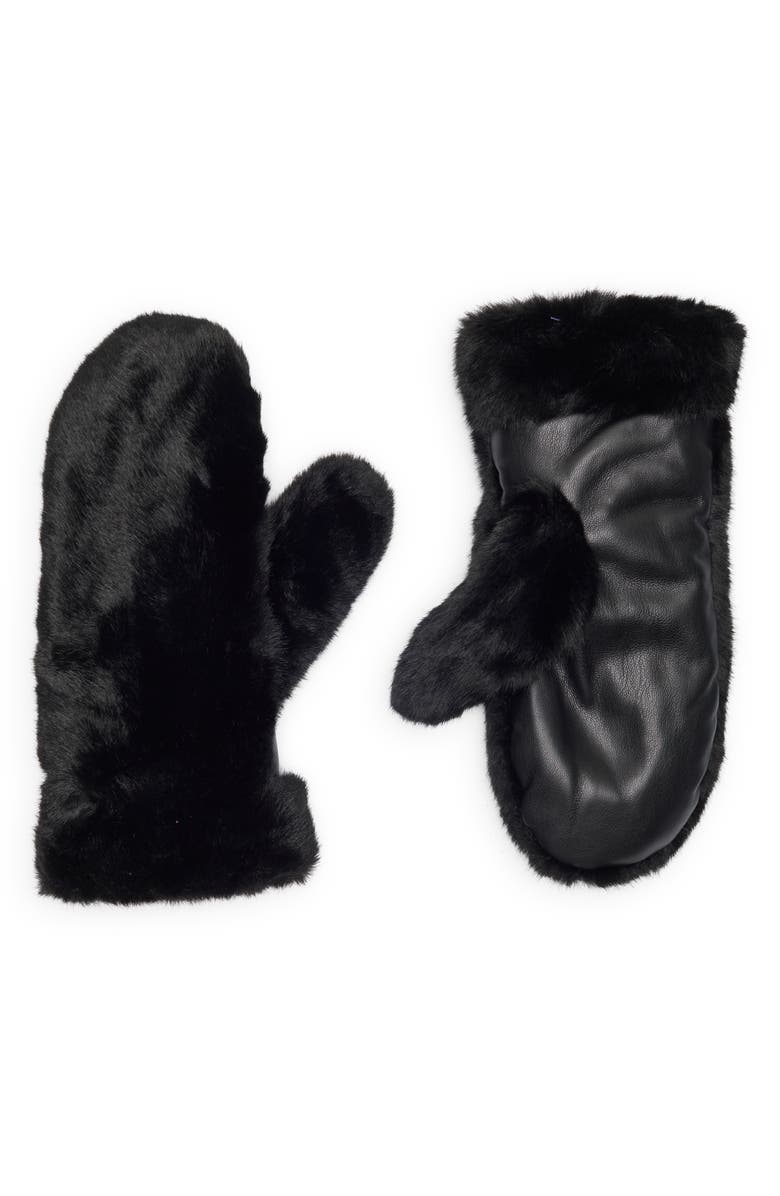 BCBG Faux Fur & Faux Leather Mittens, Main, color, Black