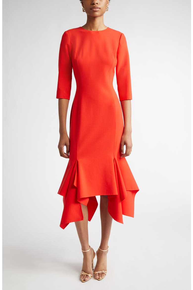 Asymmetric Hem Virgin Wool Blend Midi Dress, Main, color, VERMILION