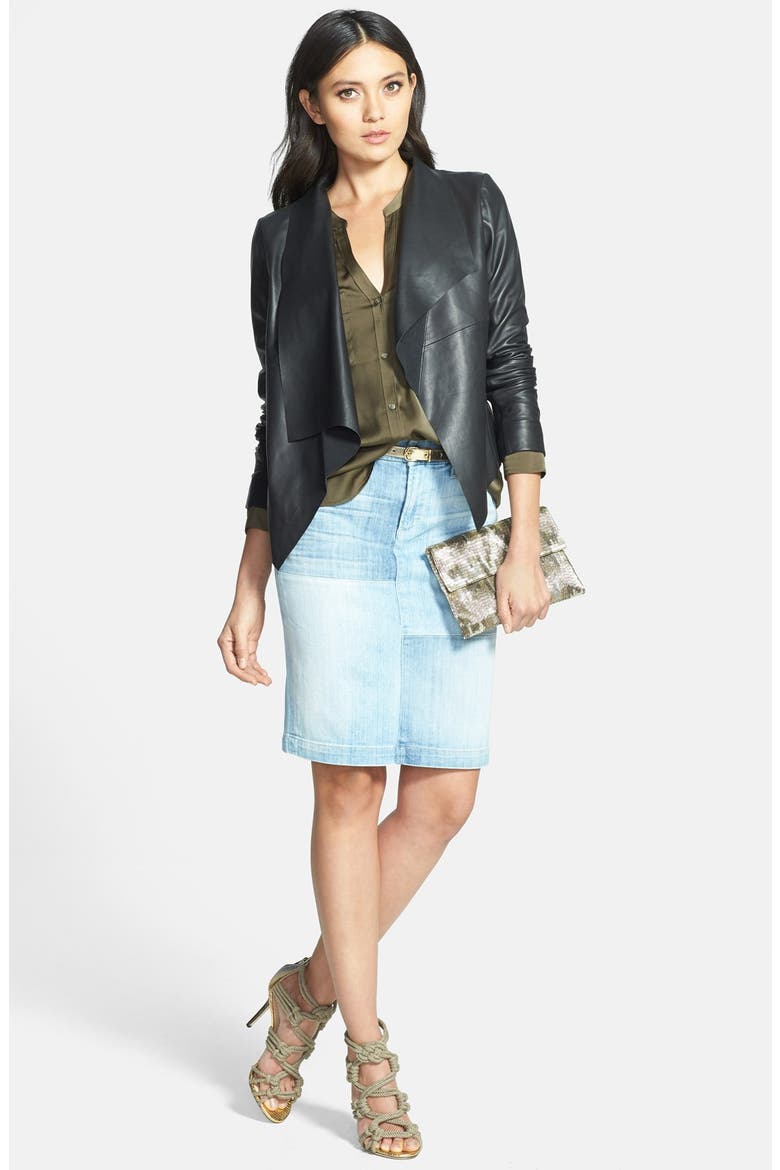Draped Lapel Leather Jacket, Alternate, color, BLACK