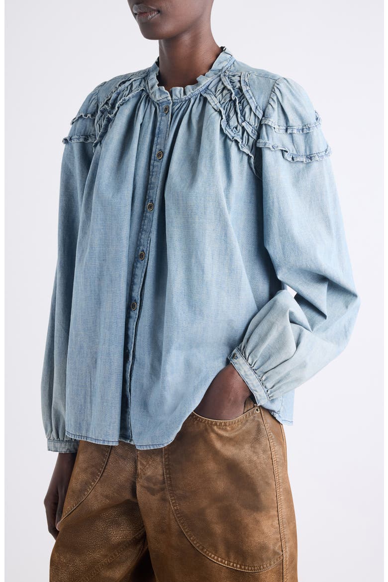 Milya Ruffle Denim Button-Up Shirt, Alternate, color, BLUE