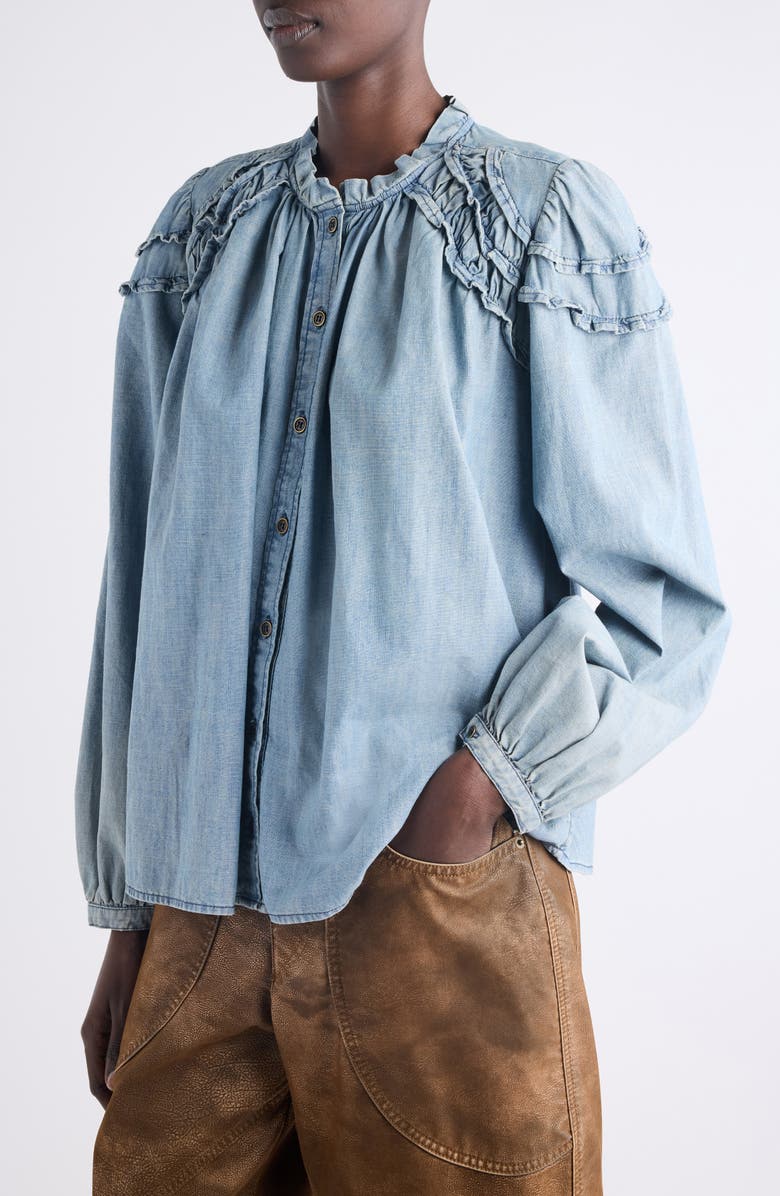 Isabel Marant Étoile Milya Ruffle Denim Button-Up Shirt, Alternate, color, Blue