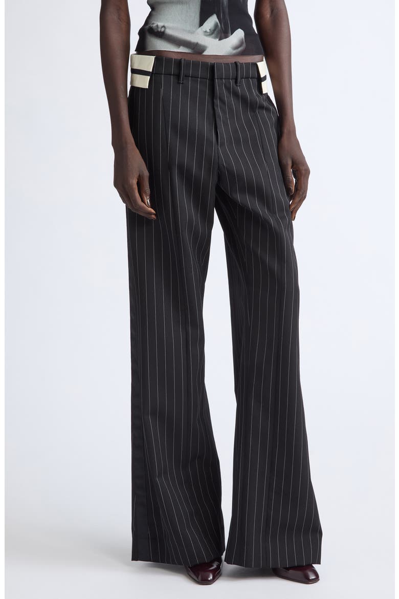 Exposed Waistband Pinstriped Wide Leg Trousers, Main, color, BLACK/ WHITE