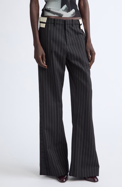 Exposed Waistband Pinstriped Wide Leg Trousers