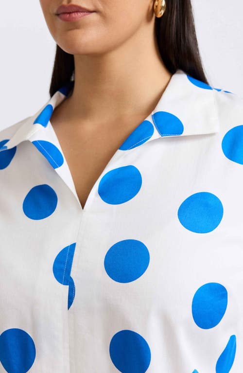 Foxcroft Agnes Dot Print Three-quarter Sleeve Cotton Popover Top In White/blue