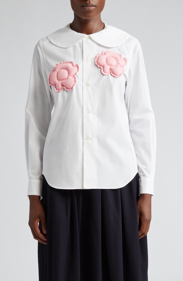 Comme des Garçons Girl Floral Appliqué Cotton Broadcloth Button-Up Shirt, Main, color, 