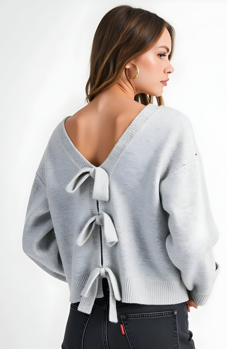Modenaire Plush Knit Sweater with Deep V-Back and Bow Tie Accents, Alternate, color, 