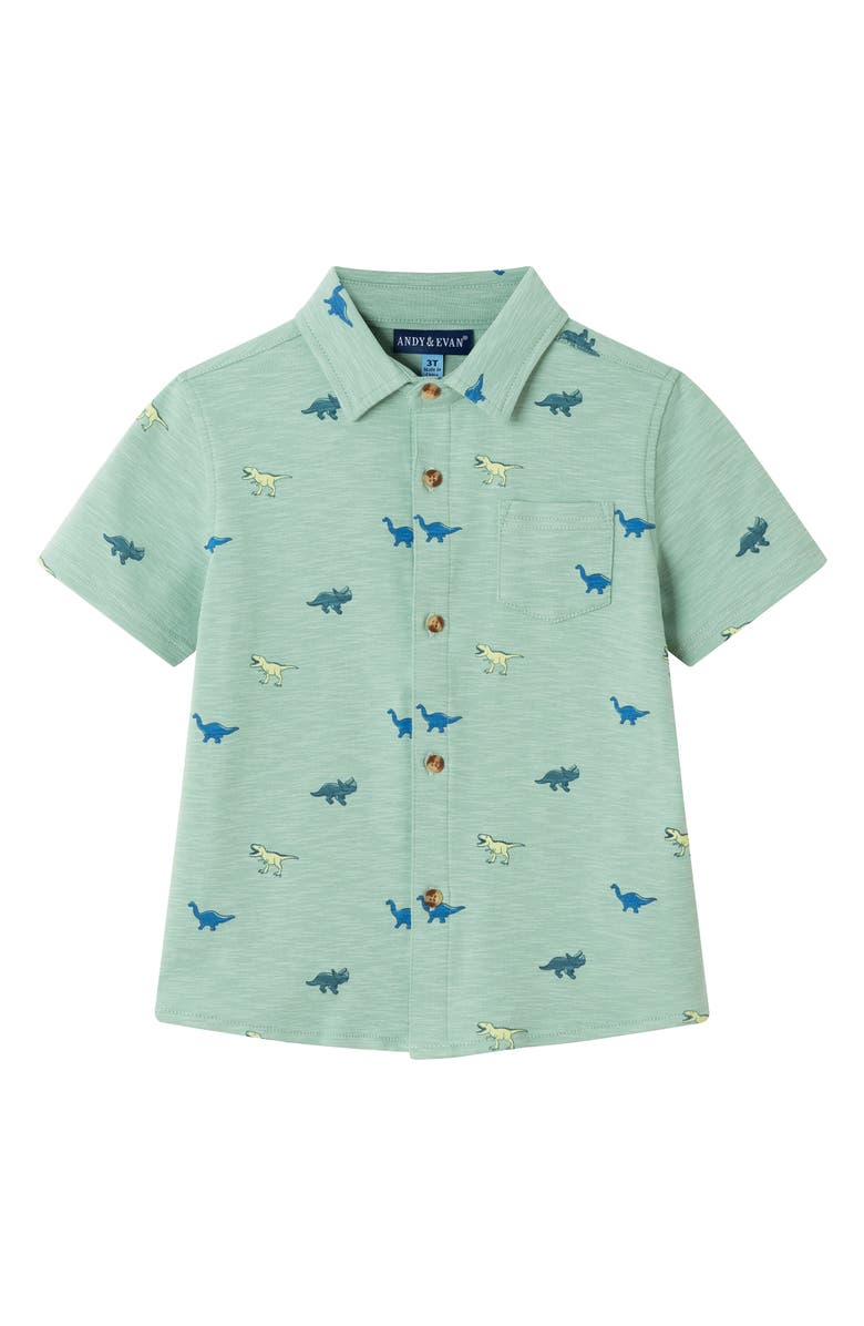 Andy & Evan Kids' Dino Print Short Sleeve Knit Button-Up Shirt & Drawstring Shorts Set, Alternate, color, 