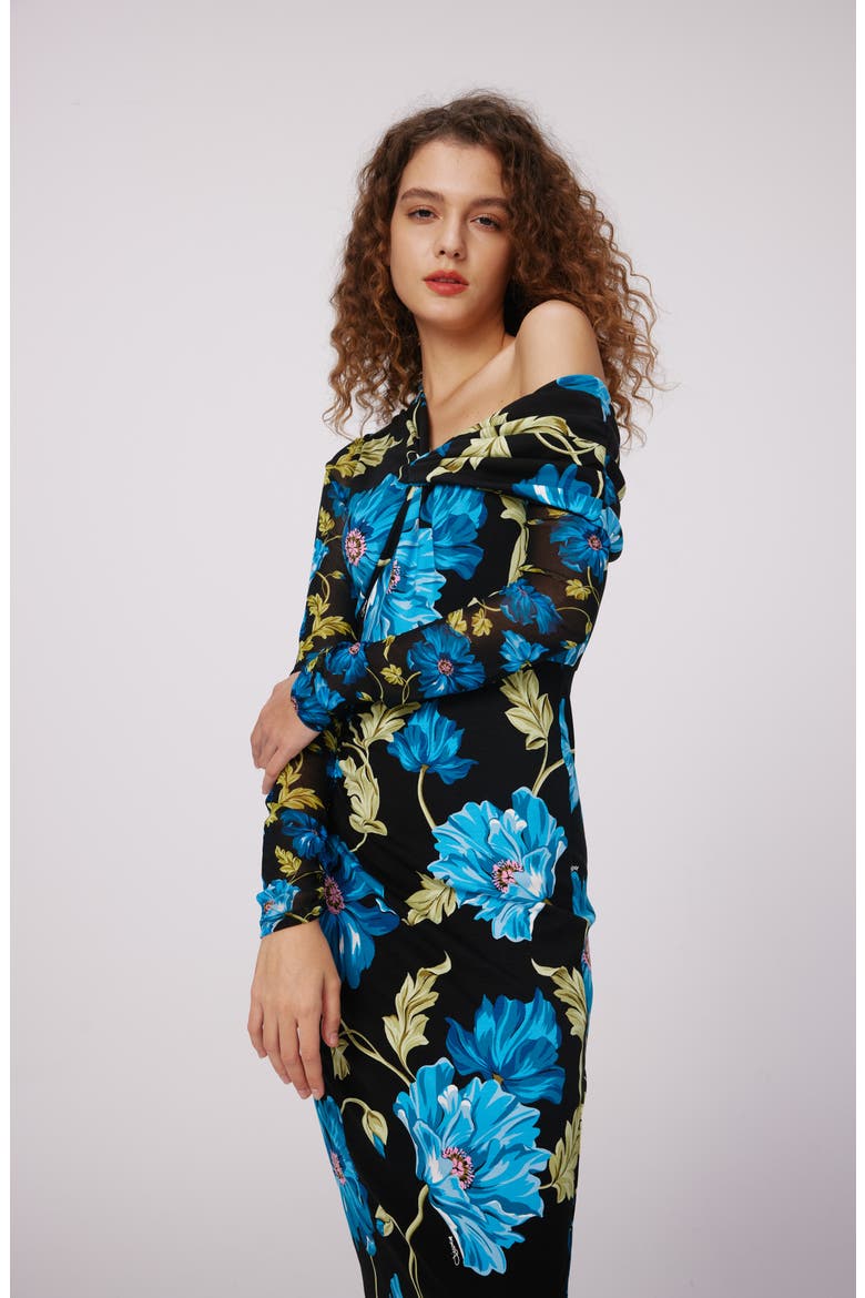 Rich Floral Asymmetric Neck Long Sleeve Midi Dress, Alternate, color, HENDRIX FLORAL DARK TEAL LG/SM