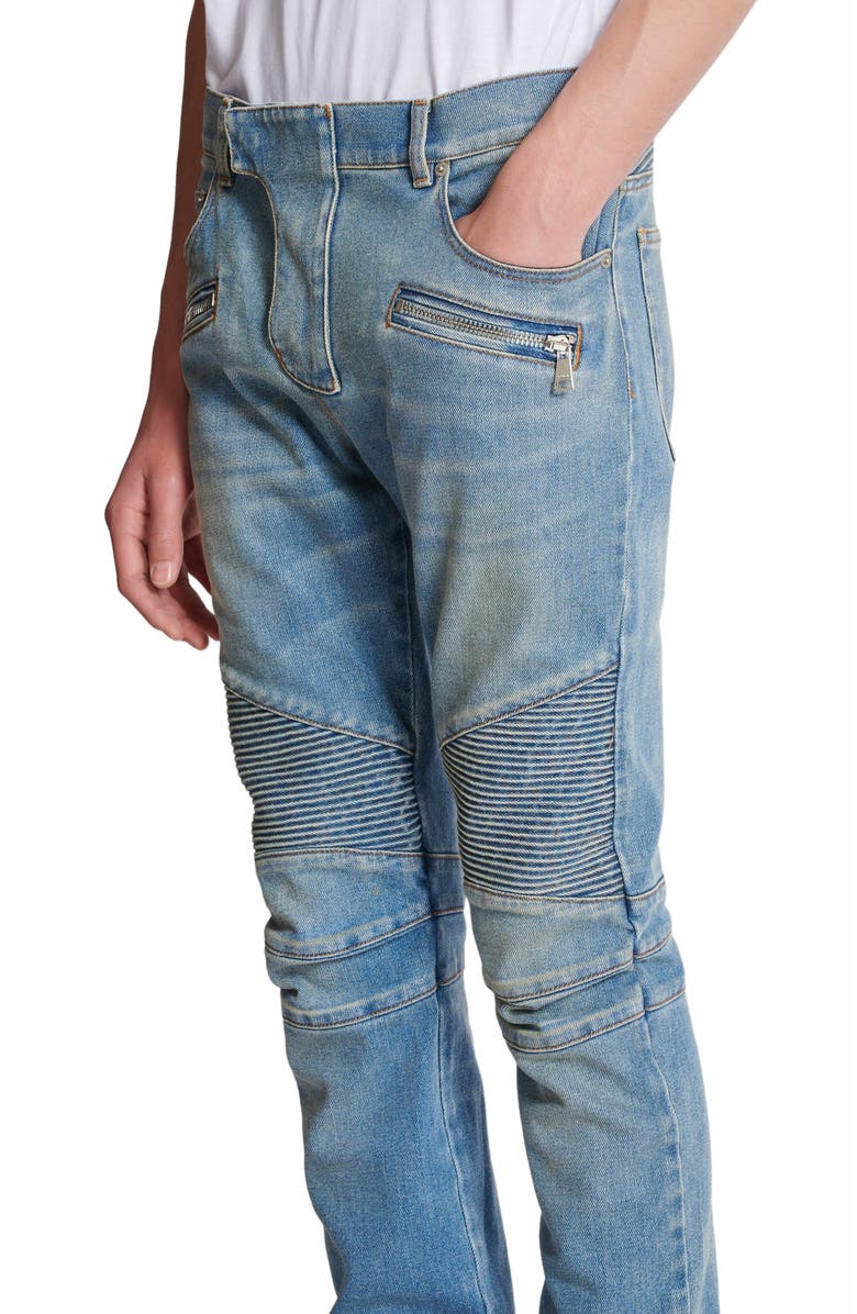 Balmain Blue Denim Biker Jeans, Alternate, color, Blue