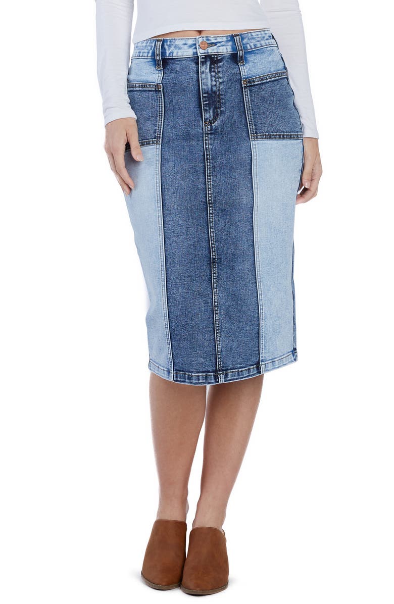 HINT OF BLU Pieced Midi Denim Skirt, Main, color, Maverick Blue