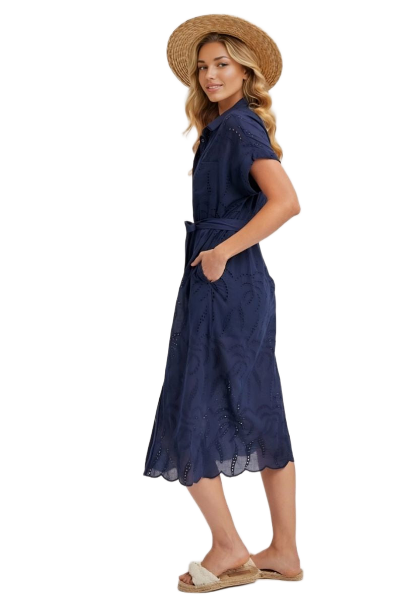 Knit and Lounge Eyelet Button Front Tie Waist Short Sleeve Scalloped Hem Shirt Dress, Alternate, color, Navy