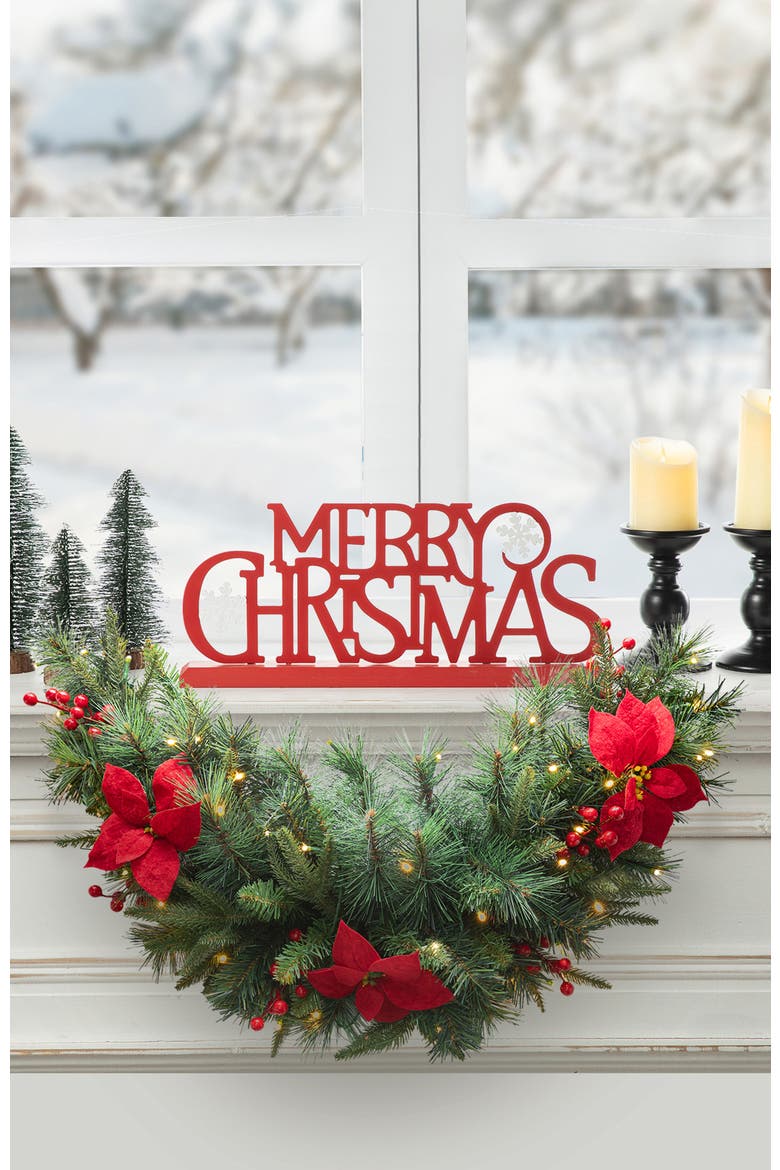 3ft Lighted Christmas Swag with Poinsettia Berry & Timer, Alternate, color, Red