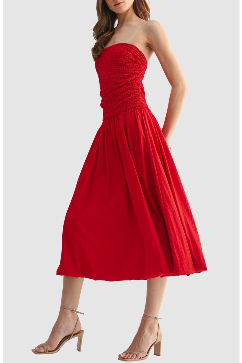 Strapless Bubble Hem Midi Dress, Alternate, color, RED