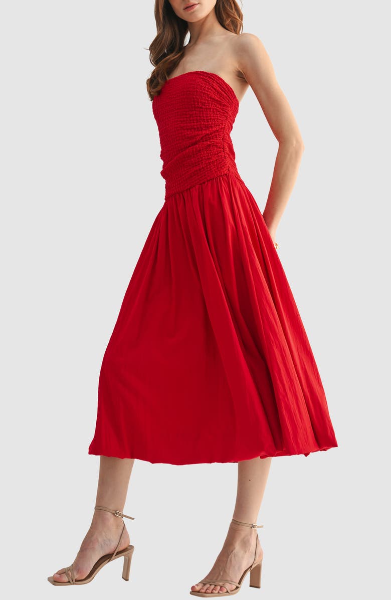 Lush Strapless Bubble Hem Midi Dress, Alternate, color, Red