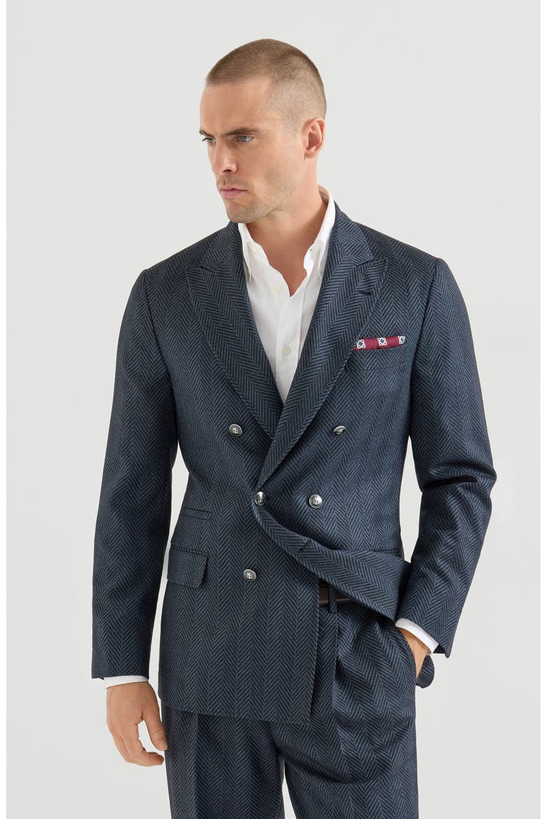 Cashmere and silk chevron flannel one-and-a-half breasted deconstructed blazer with metal buttons, Main, color, Navy Blue
