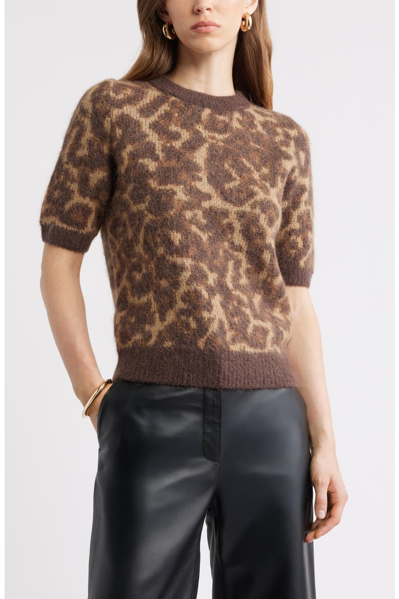 Jacquard Short Sleeve Sweater, Main, color, BROWN- TAN ALLEY LEOPARD