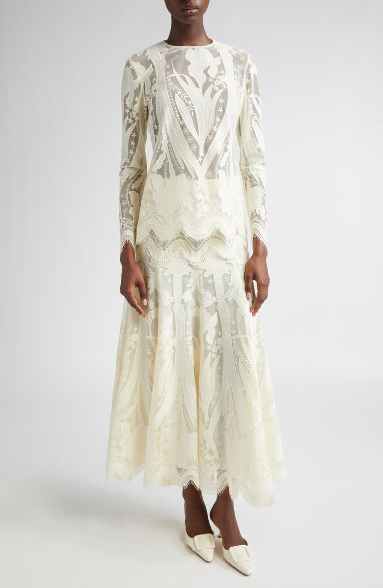 Lela Rose Floral Lace A-Line Skirt, Alternate, color, Cream