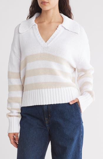 Splendid Stripe Cotton Polo Sweater In Oat Stripe
