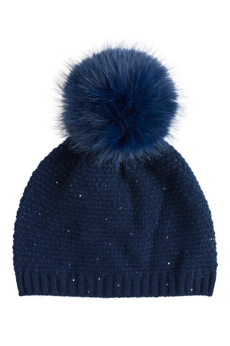 Cashmere Beanie with Faux Fur Pom, Main, color, DARK NAVY