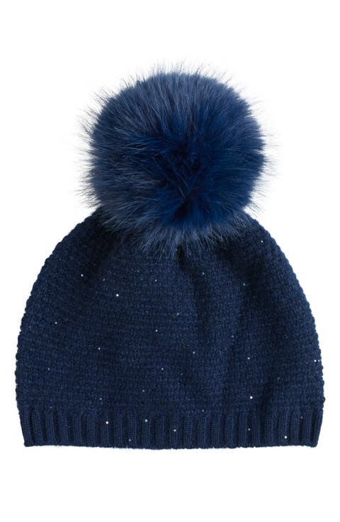 Cashmere Beanie with Faux Fur Pom