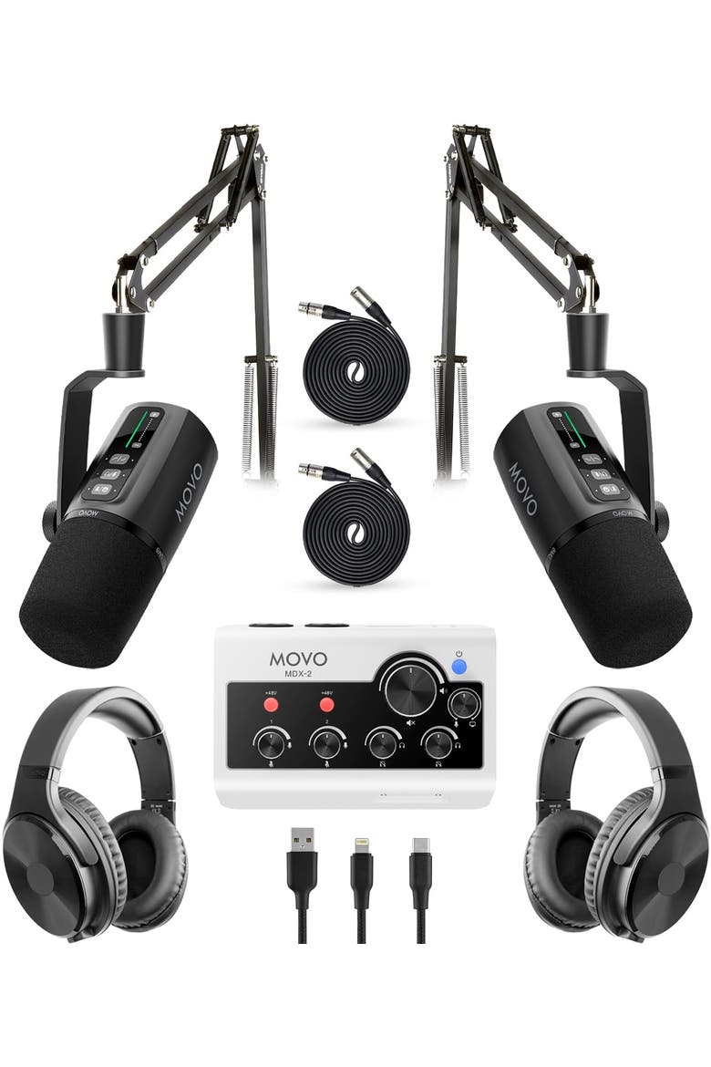 Pro Portable Podcast Equipment Bundle for iPhone/Android Phone  with  Interface, 2 UM6 Dynamic Mics, 2 Headphones, 2 Boom Arms, Main, color, Black