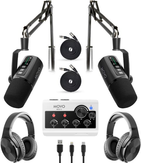 Pro Portable Podcast Equipment Bundle for iPhone/Android Phone  with  Interface, 2 UM6 Dynamic Mics, 2 Headphones, 2 Boom Arms