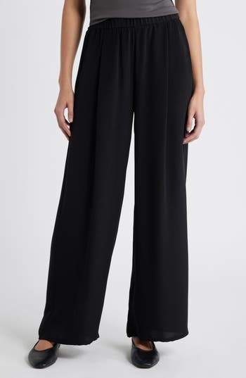 Eileen Fisher Pleated Wide Leg Silk Pants In Black