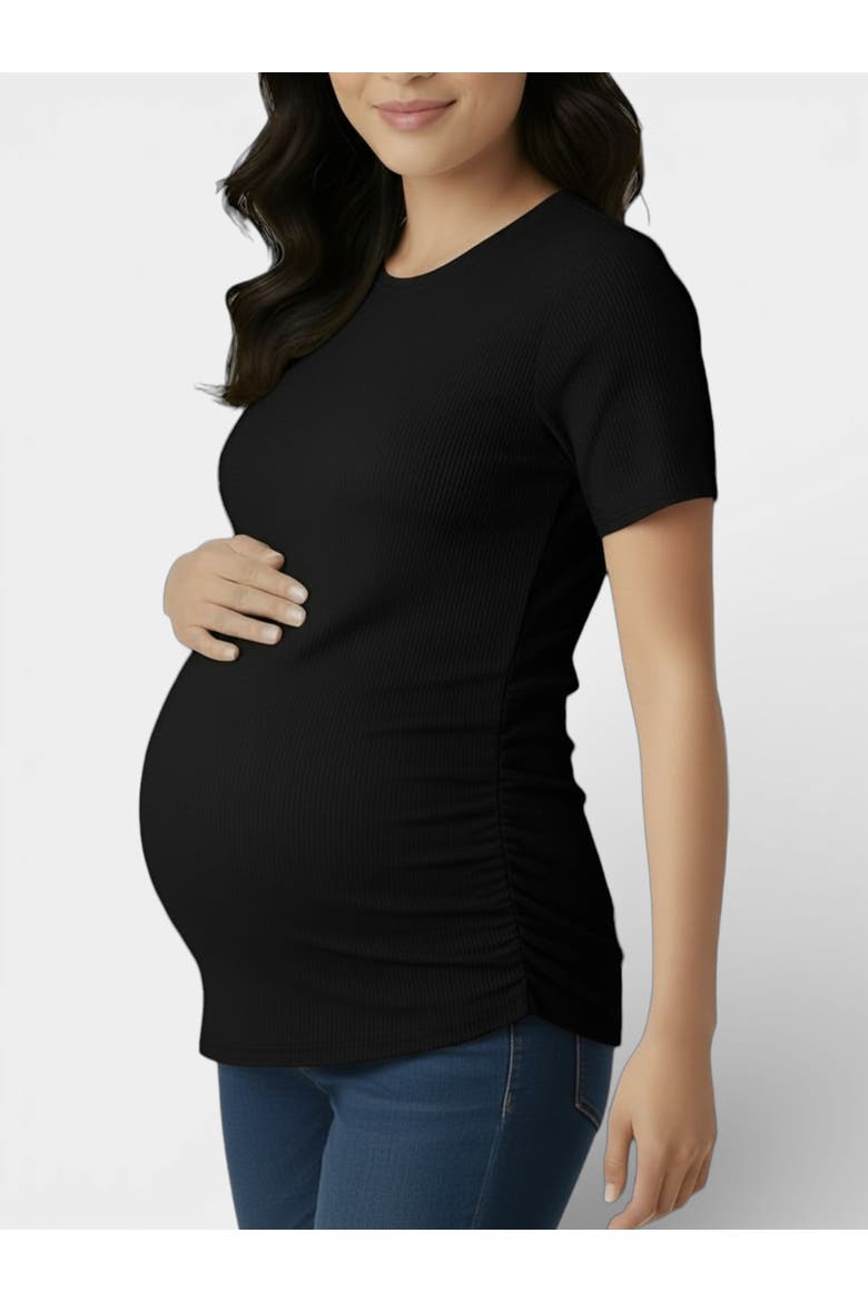 Women's Crew Neck Side-Ruched Maternity Short Sleeve Top, Alternate, color, Black