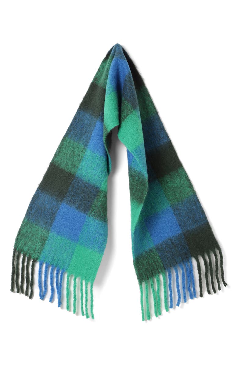 Vismaya Buffalo Check Wool Blend Fringe Scarf, Alternate, color, Blue Green