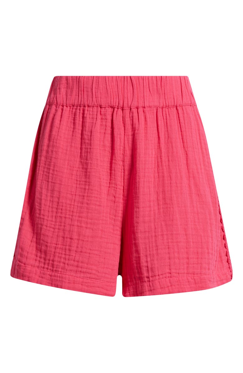 CITY BLUES Crochet Trim Cotton Gauze Shorts, Alternate, color, Bright Rose