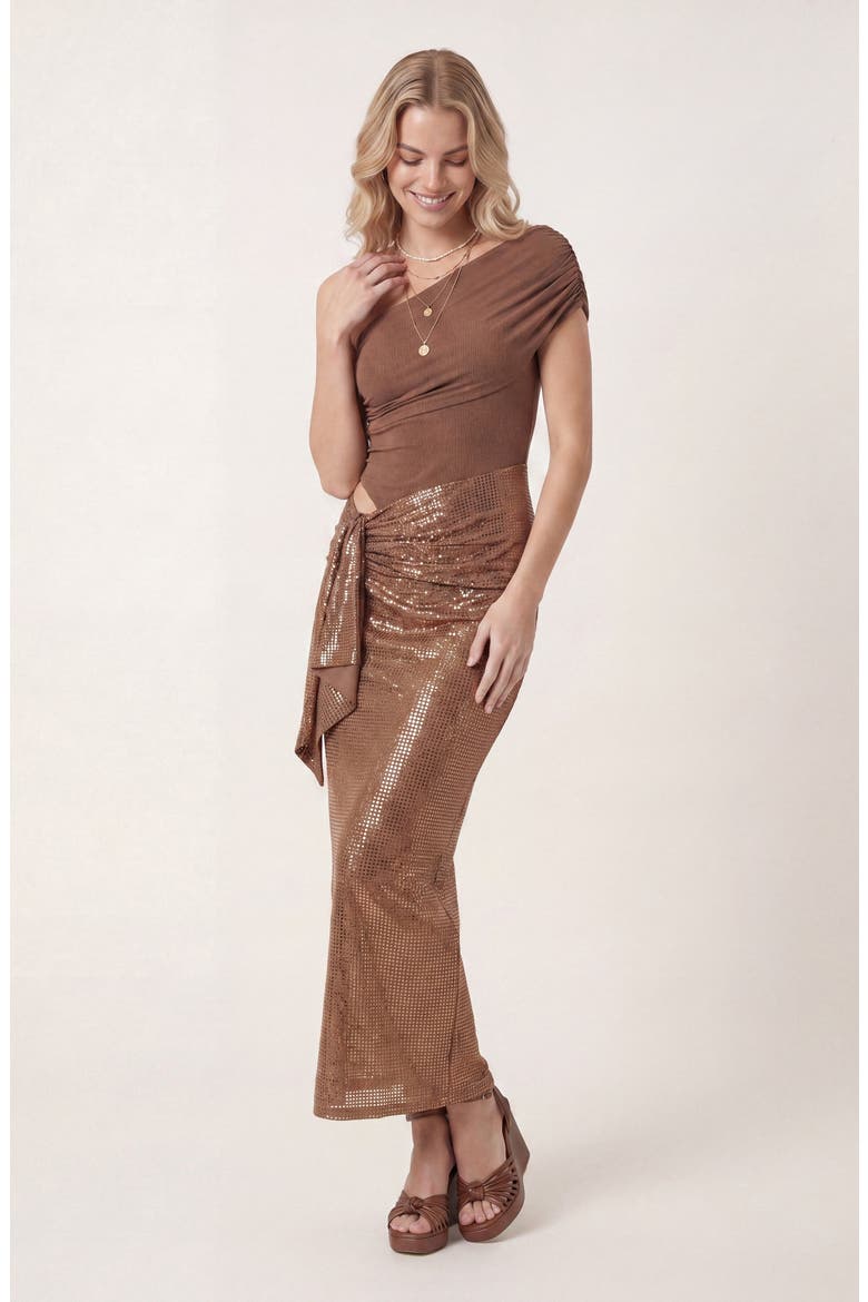 One Shoulder Ruched Maxi Dress, Alternate, color, Bronze
