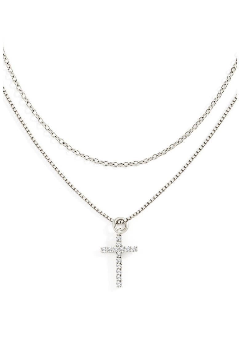 Dainty Cable Necklace with Pave Cross Chain Necklace Stacking Set, Main, color, Silver