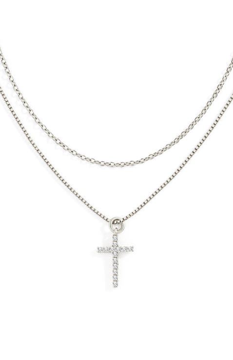 Dainty Cable Necklace with Pave Cross Chain Necklace Stacking Set