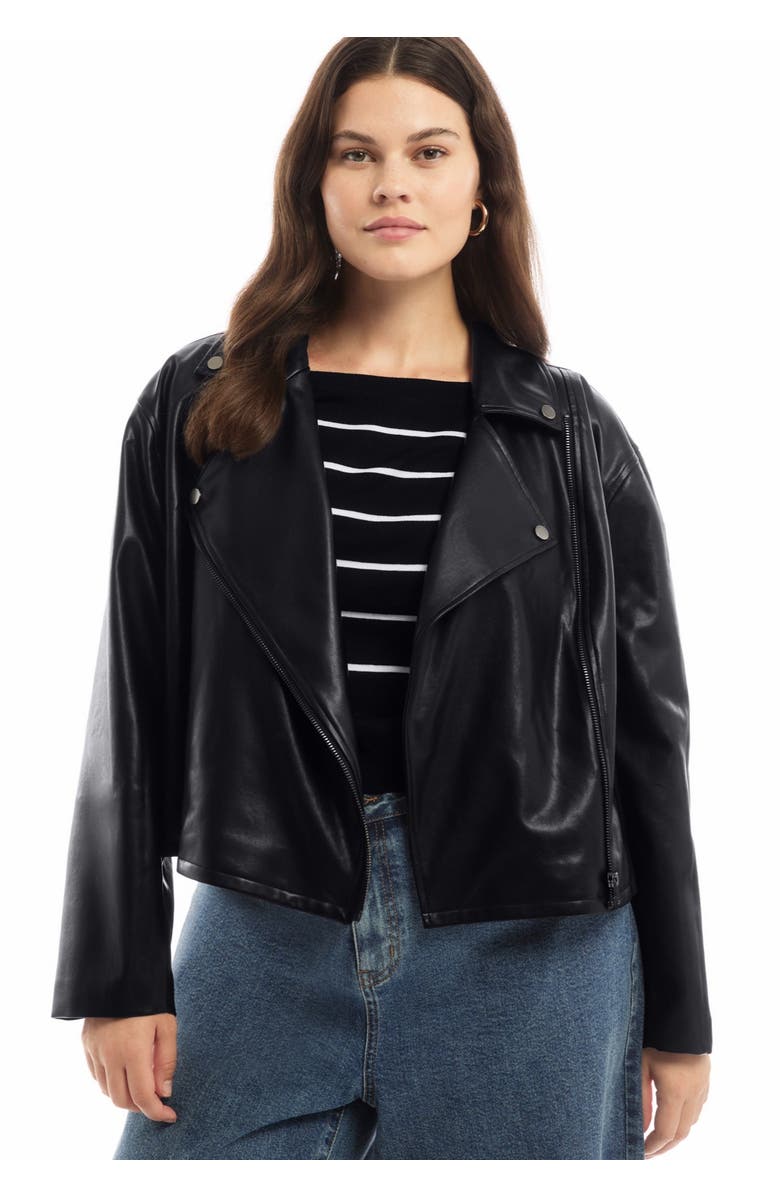 June + Vie Cropped Faux Leather Moto Jacket, Alternate, color, Black Onyx