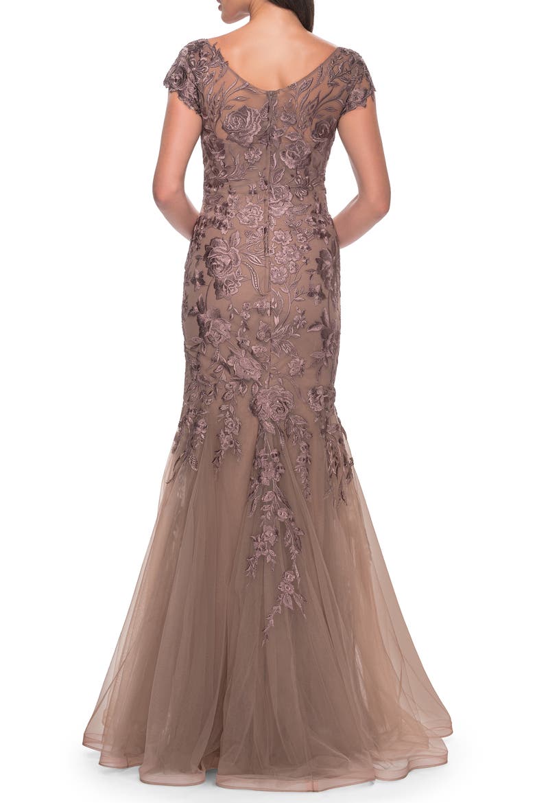 Lace and Tulle Mermaid Gown with Cap Sleeves, Alternate, color, Cocoa