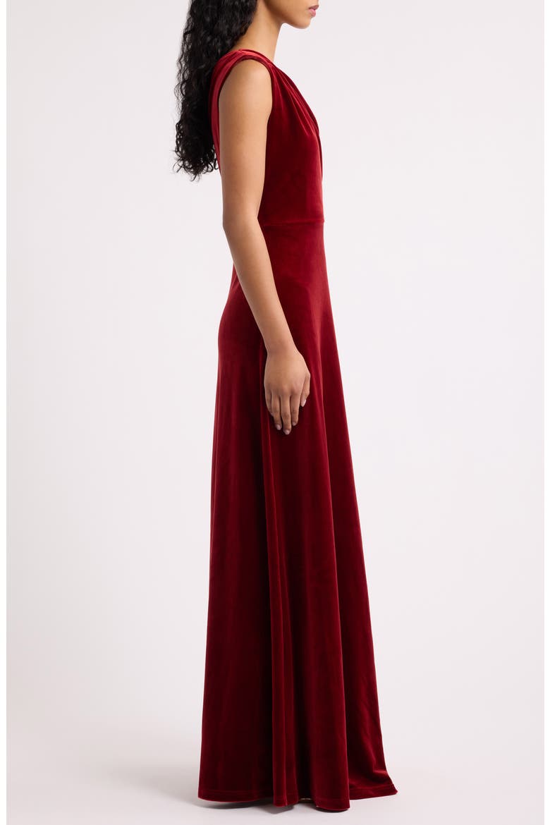 Anya Draped One-Shoulder Velvet Gown, Alternate, color, BRICK RED