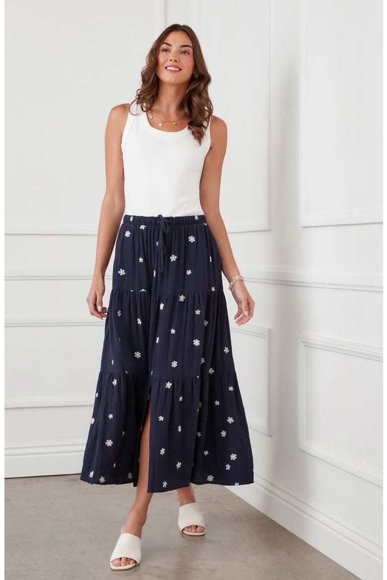 Floral Embroidered Tiered Cotton Midi Skirt, Alternate, color, NAVY