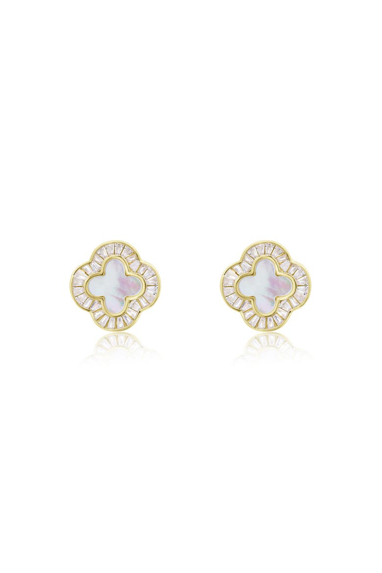 Large Mother of Pearl CZ Clover Stud Earrings, Alternate, color, Mother of Pearl