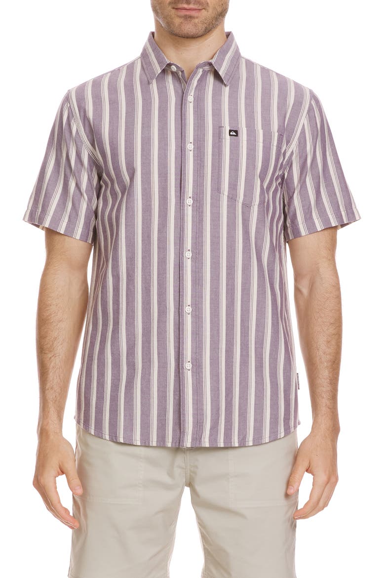Oxford Stripe Classic Short Sleeve Button-Up Shirt, Main, color, SUNSET PURPLE