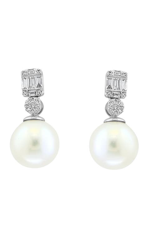 14K White Gold Fresh Water Pearl  & Diamond Drop Earrings