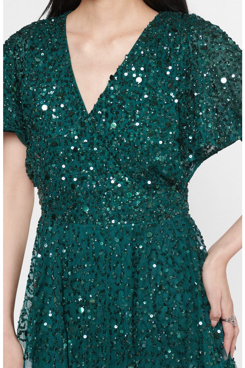 Occasion Embellished Sequin Beaded Short Sleeves Evening Midi Dress, Alternate, color, EMERALD GREEN